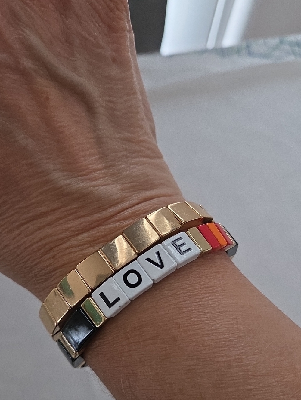 Gold and Multicolor 'LOVE' Tile Stretch Bracelet - Women's Fashion Bracelet